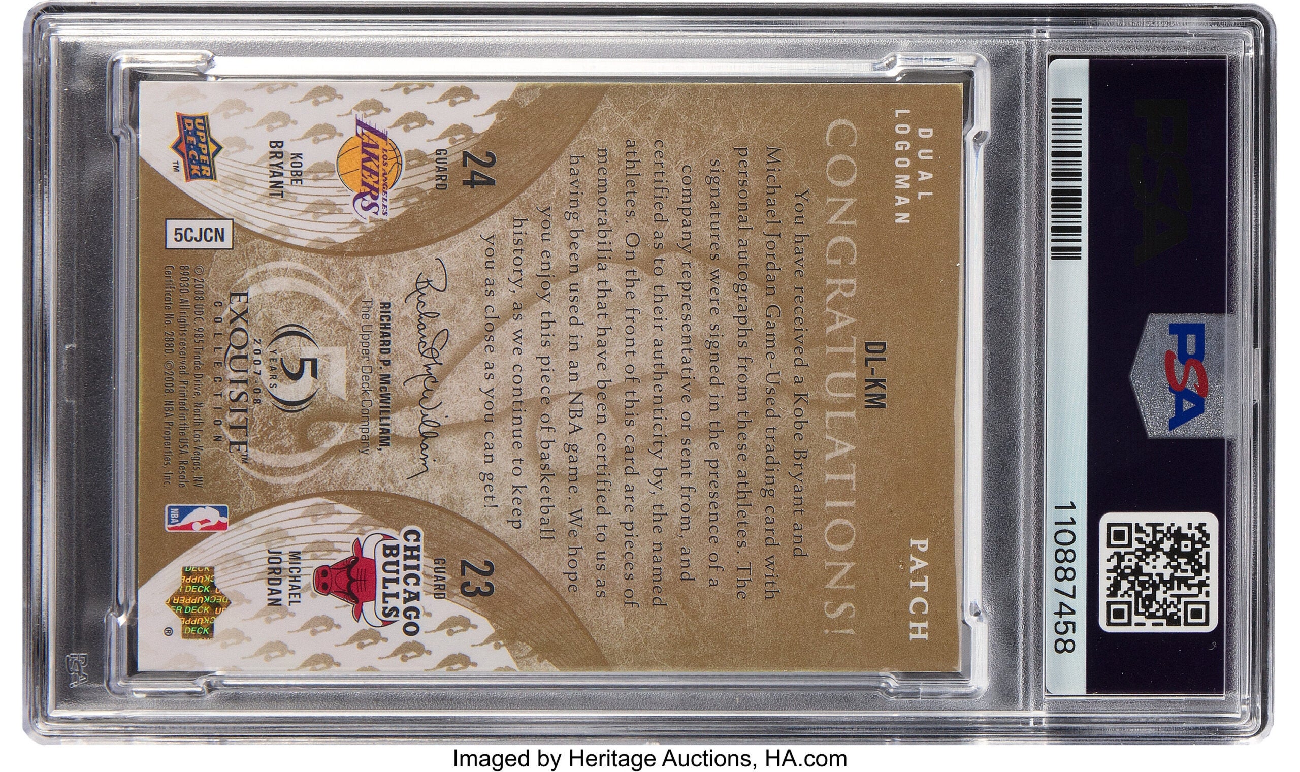 Back of 2007-08 Upper Deck Exquisite Collection Michael Jordan/Kobe Bryant #1/1 Logoman card. 