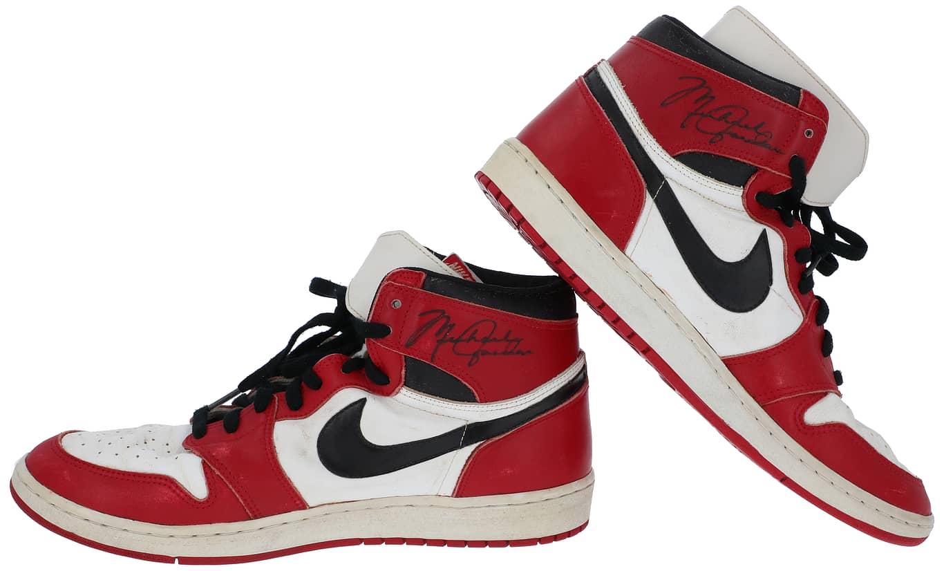 Michael Jordan game-used Nike Air Jordan 1 sneakers from his 1985-86 season. 