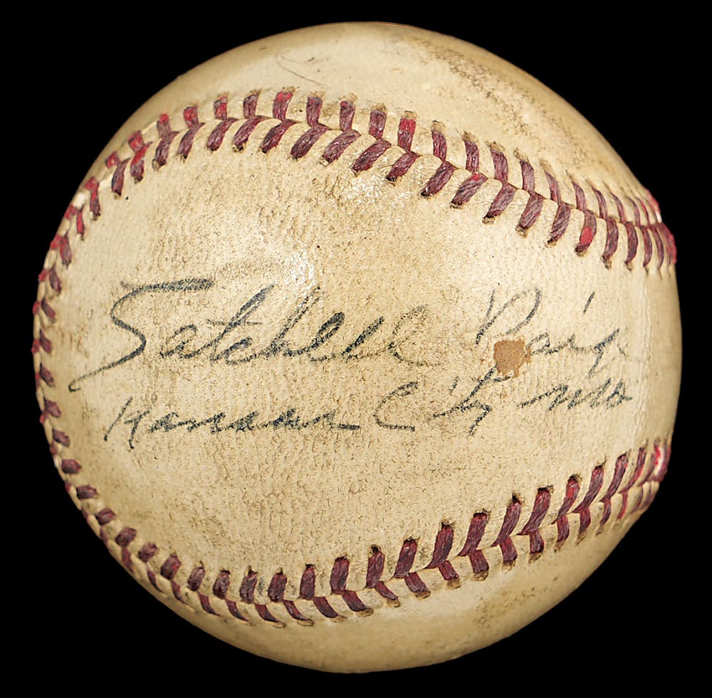 Satchel Paige single-signed baseball with “Kansas City, Mo.” inscription. 