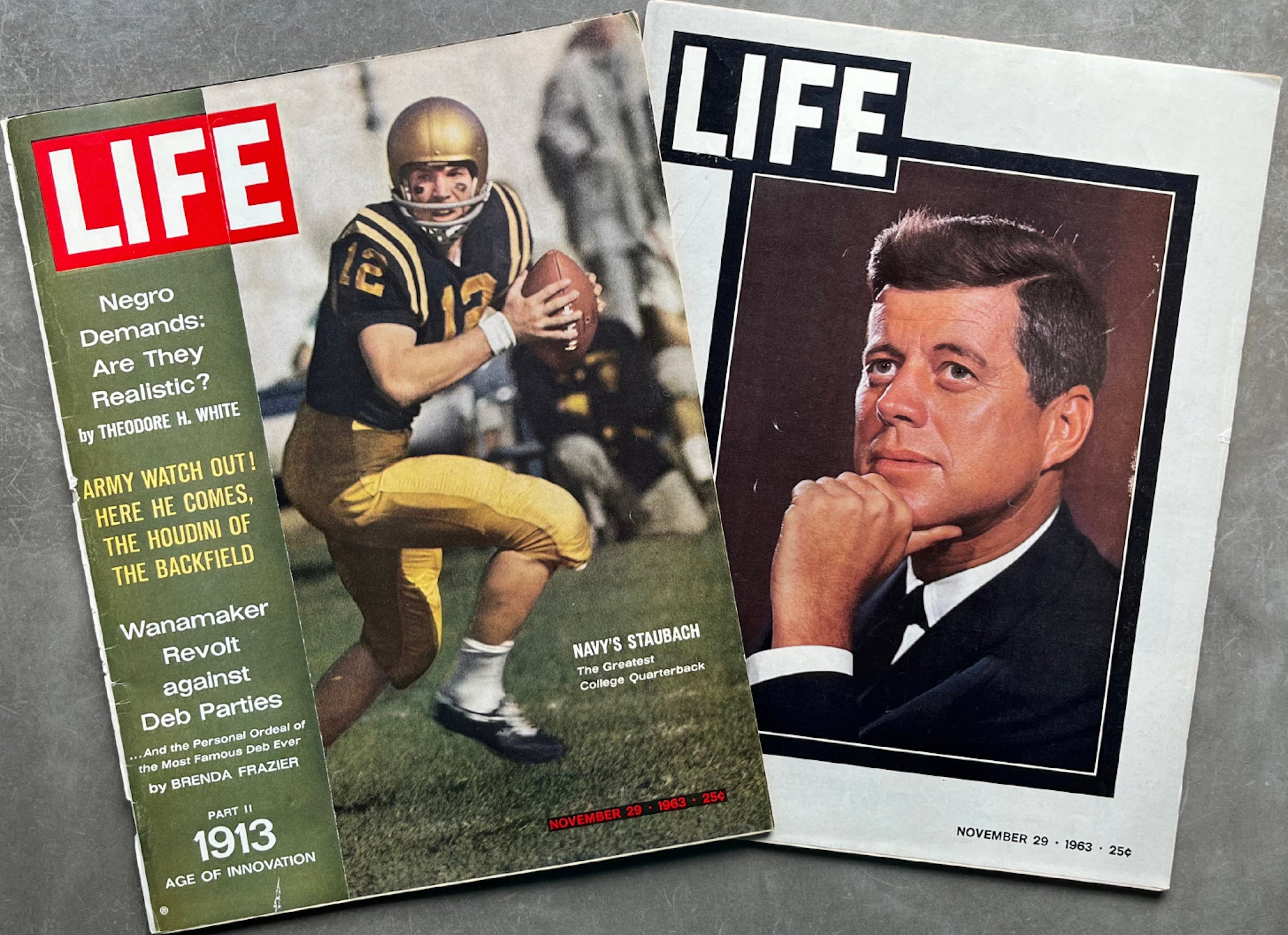 Copies of separate Nov. 29, 1963 issues of Life magazine featuring Roger Staubach and President John F. Kennedy. 