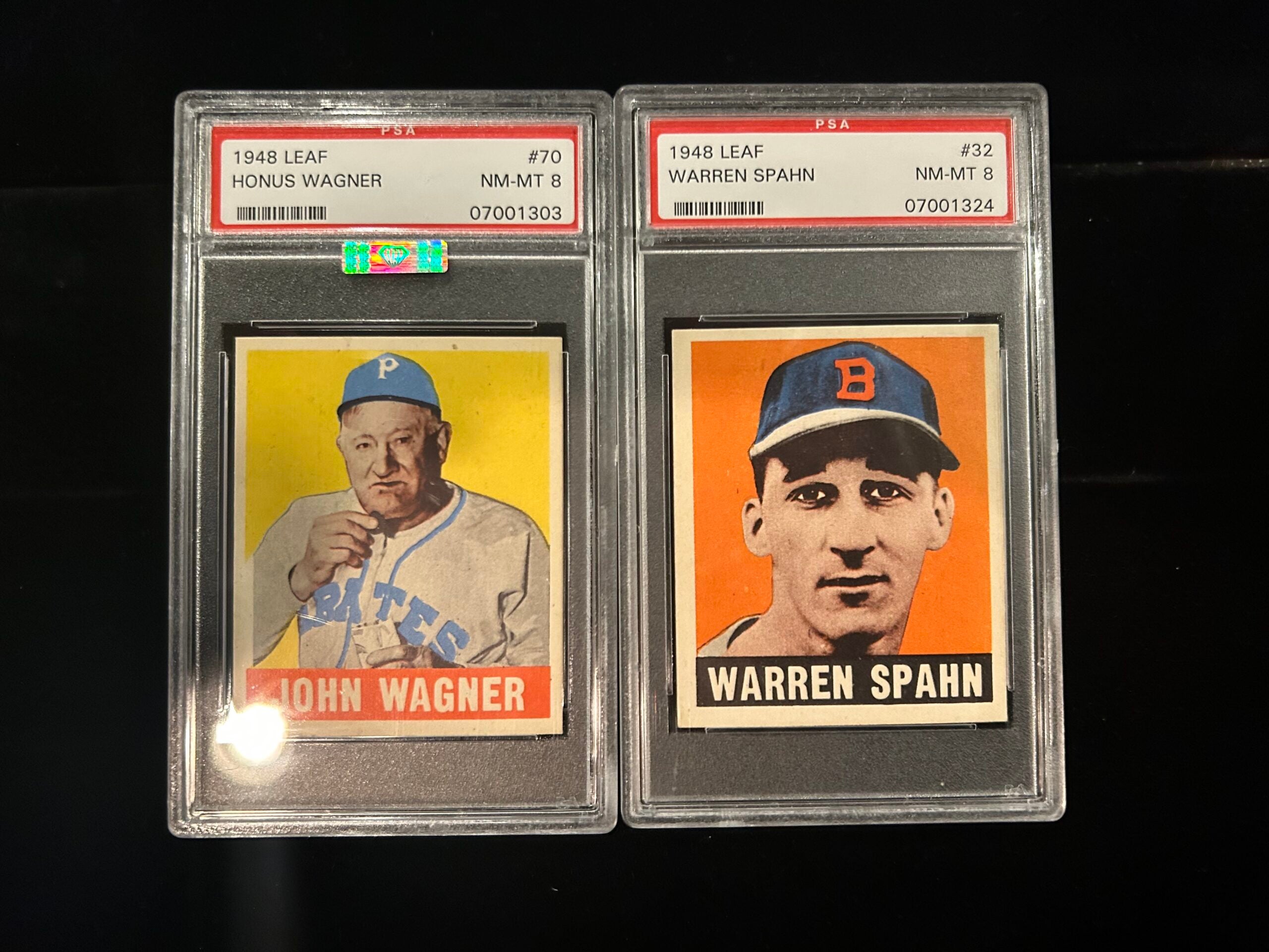 1948 Leaf cards of “John” Honus Wagner and Warren Spahn. 
