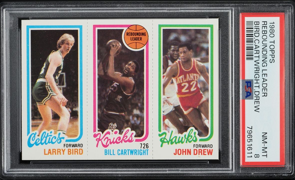 1980 Topps Larry Bird/Bill Cartwright/John Drew card. 