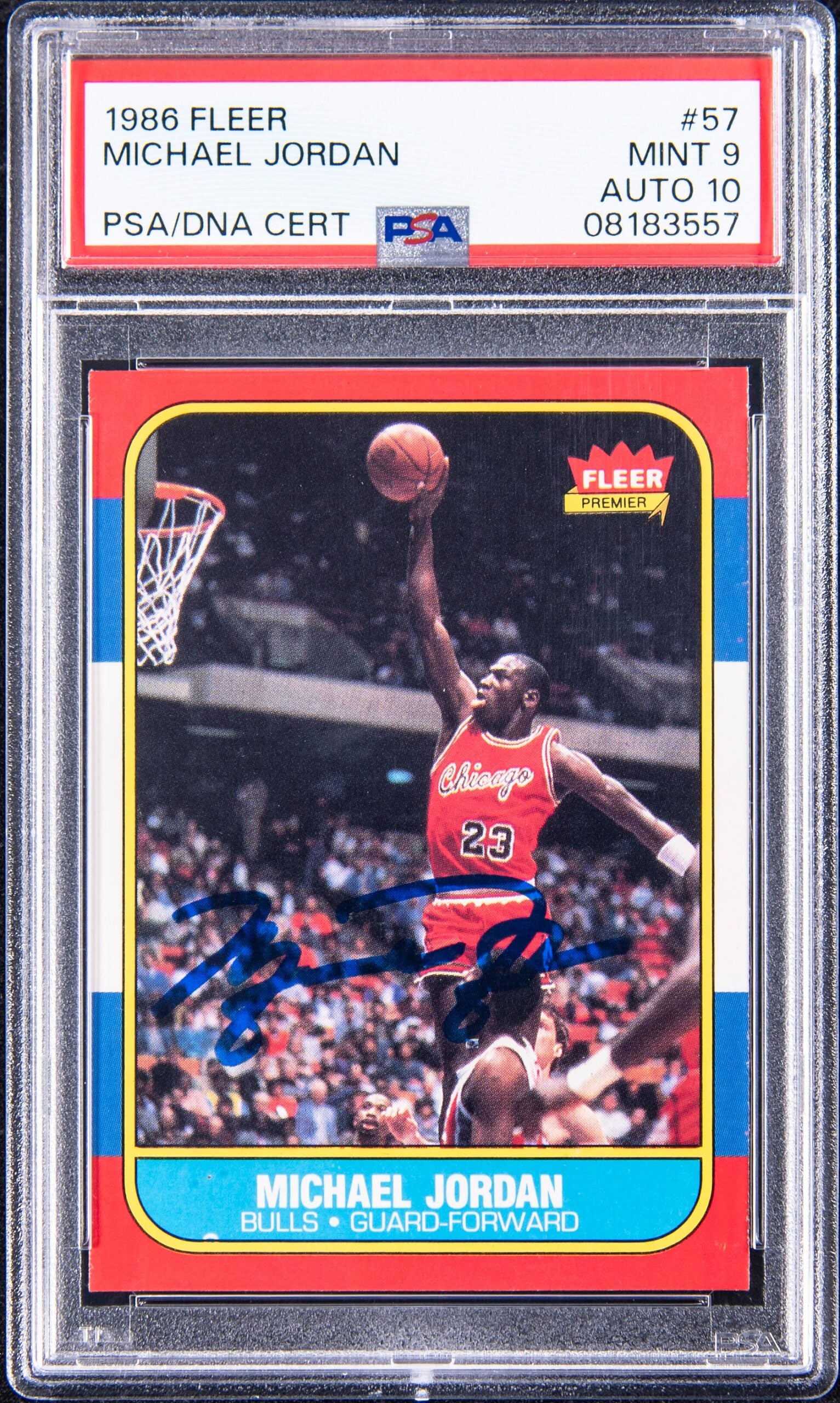 Signed 1986 Fleer Michael Jordan Rookie card that sold for record $2.7 million at Goldin. 