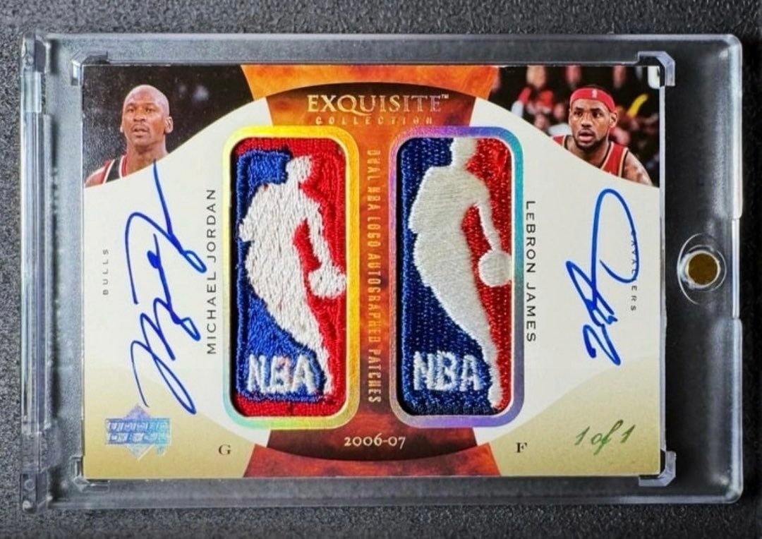 2006-07 UD Exquisite Collection Michael Jordan/LeBron James #1/1 Logoman card that sold for $10 million. 