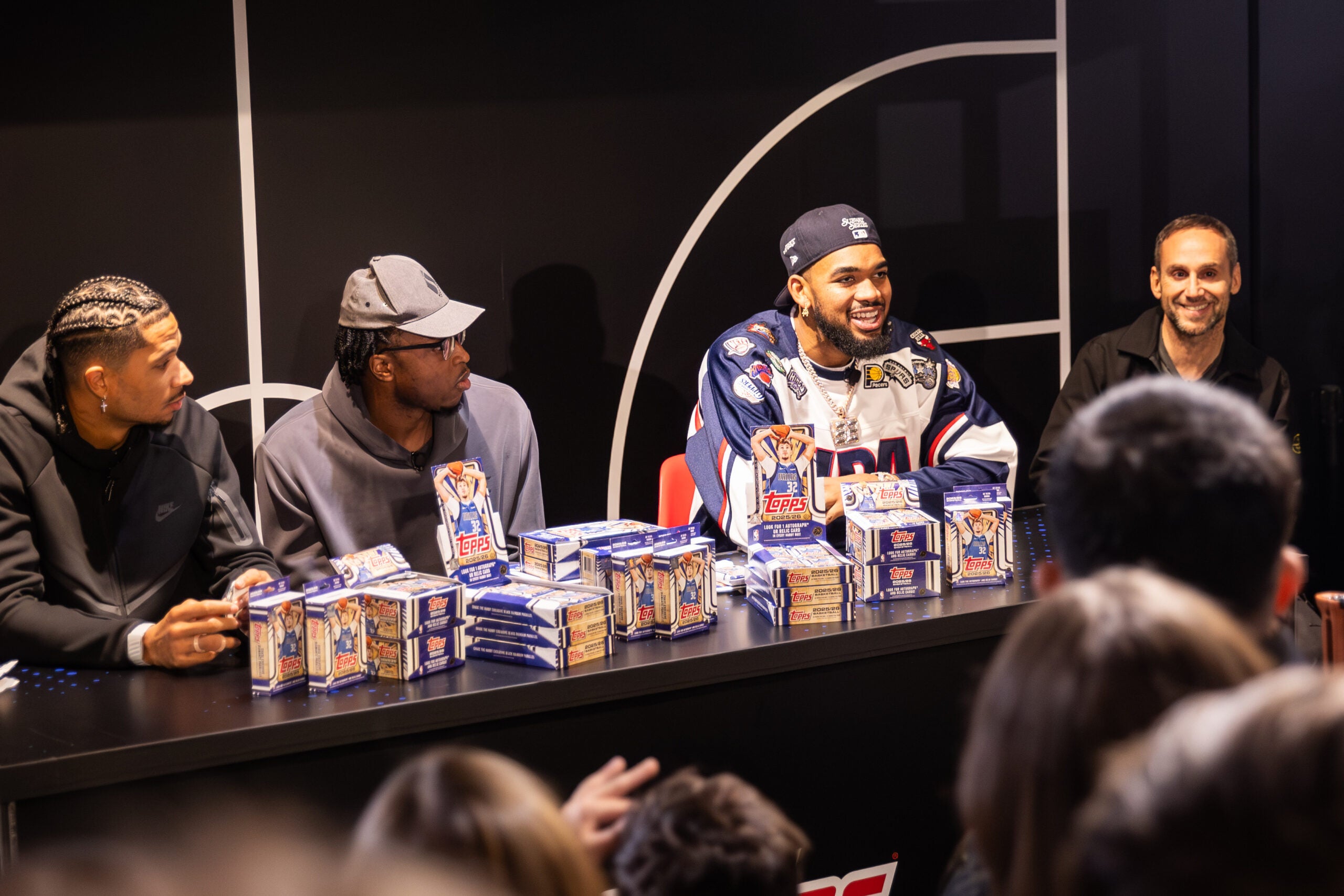 Knicks stars Jason Hart, OG Anuoby, Karl-Anthony Towns and Fanatics CEO Michael Rubin at the Topps Basketball launch party in NYC. 