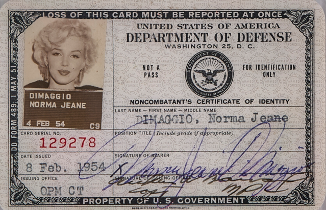 Marilyn Monroe Department of Defense ID from the collection of Dr. G.B. Espy. 