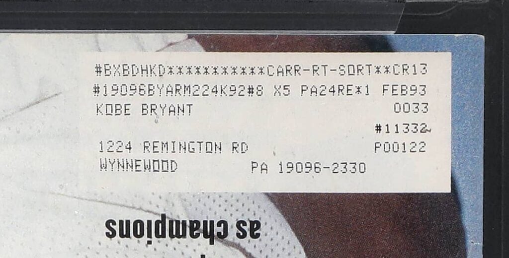 Kobe Bryant mailing label on 1992 copy of Sports Illustrated featuring Michael Jordan on the cover. 