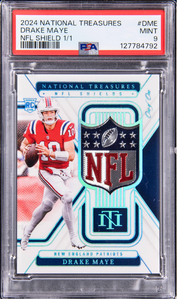 2024 National Treasures Drake Maye NFL Shield Rookie Patch card. 
