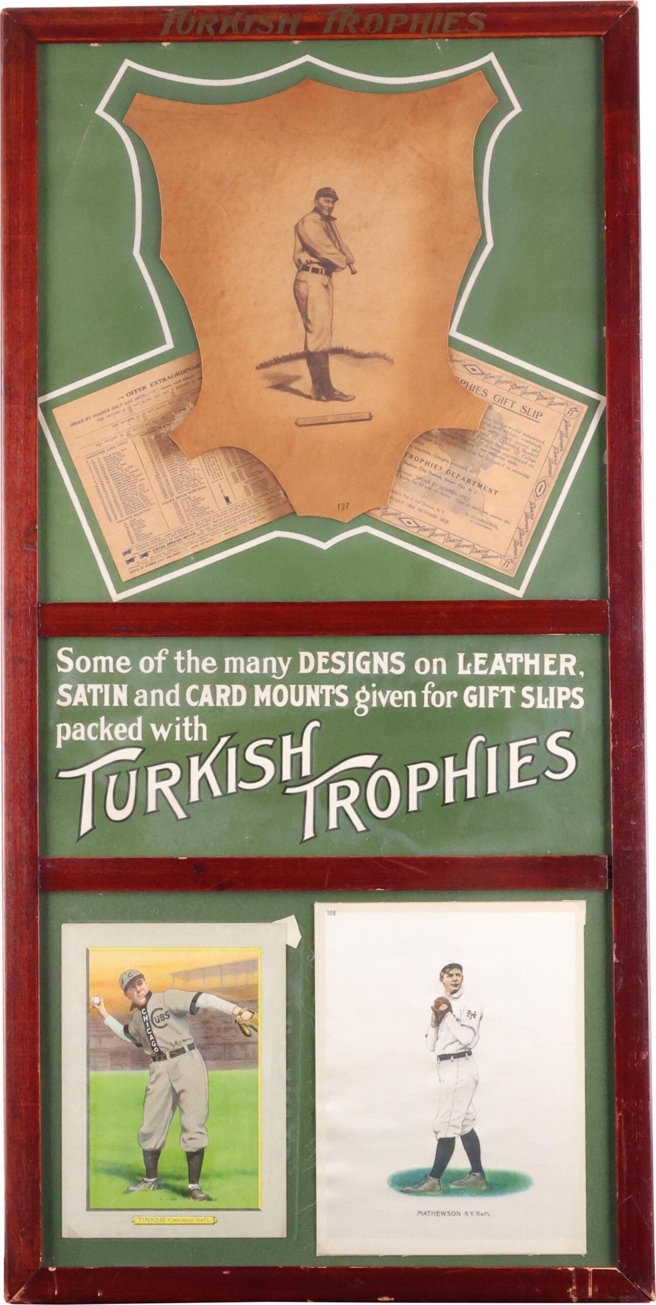 1911 Turkish Trophies ad display with Ty Cobb L1 Leather & Christy Mathewson S81 Silk.
