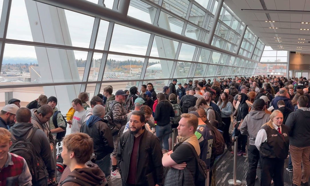 The long line to get into the Front Row Card Show in Las Vegas. 