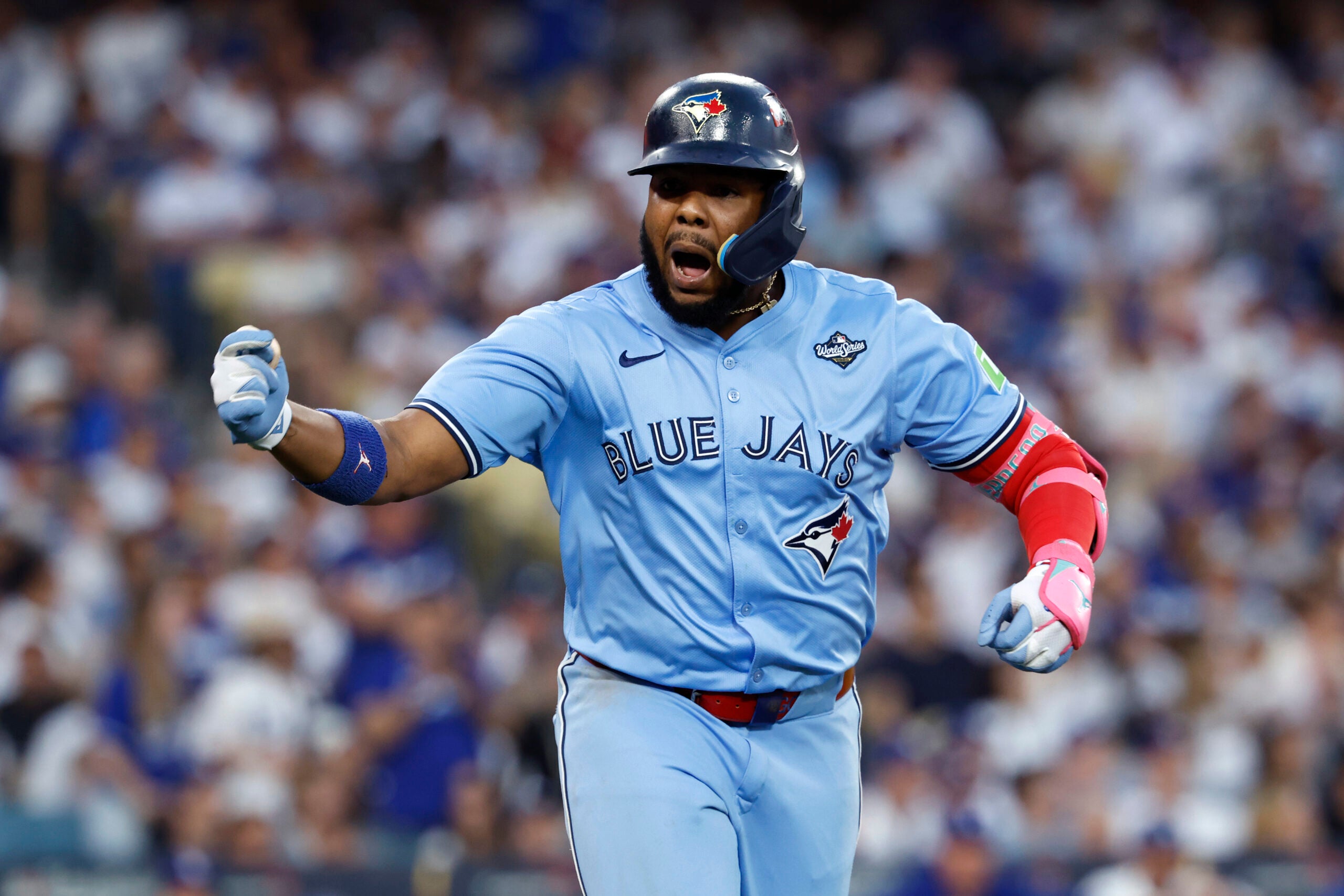 Vlad Guerrero Jr. celebrates a home run in the World Series. 