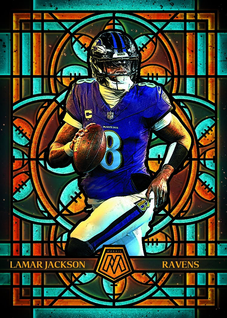 2025 Panini Mosaic Lamar Jackson Stained Glass card. 