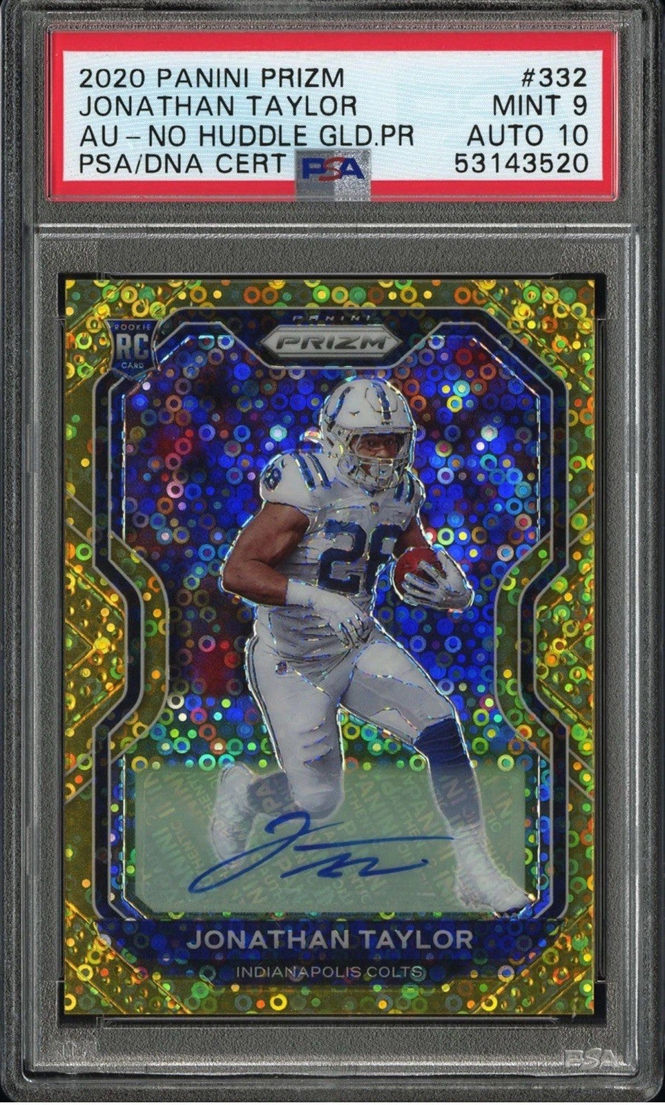2020 Panini Prizm Jonathan Taylor No Huddle Gold card. 