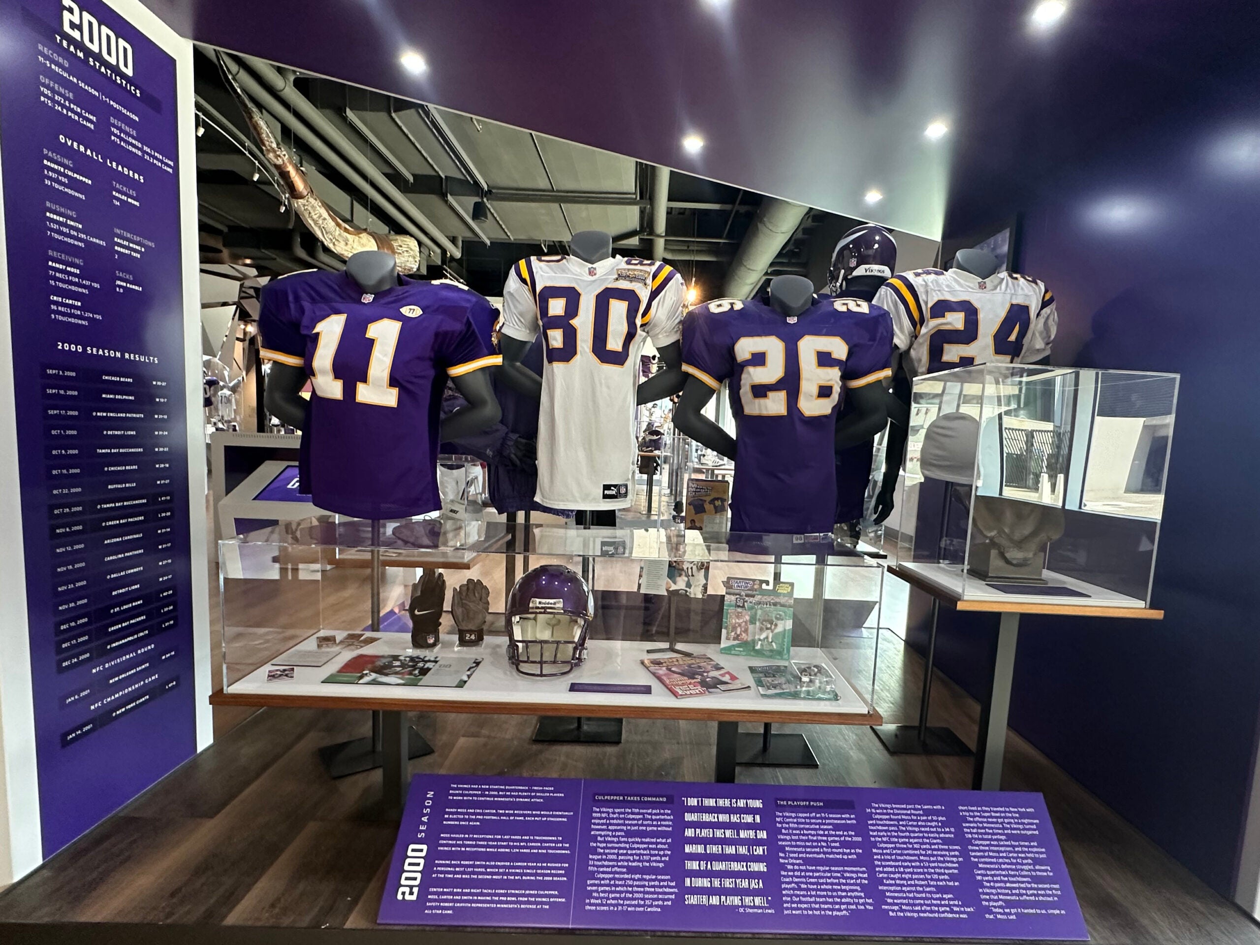 Game-worn jerseys of Vikings legends at the Minnesota Vikings Museum. 