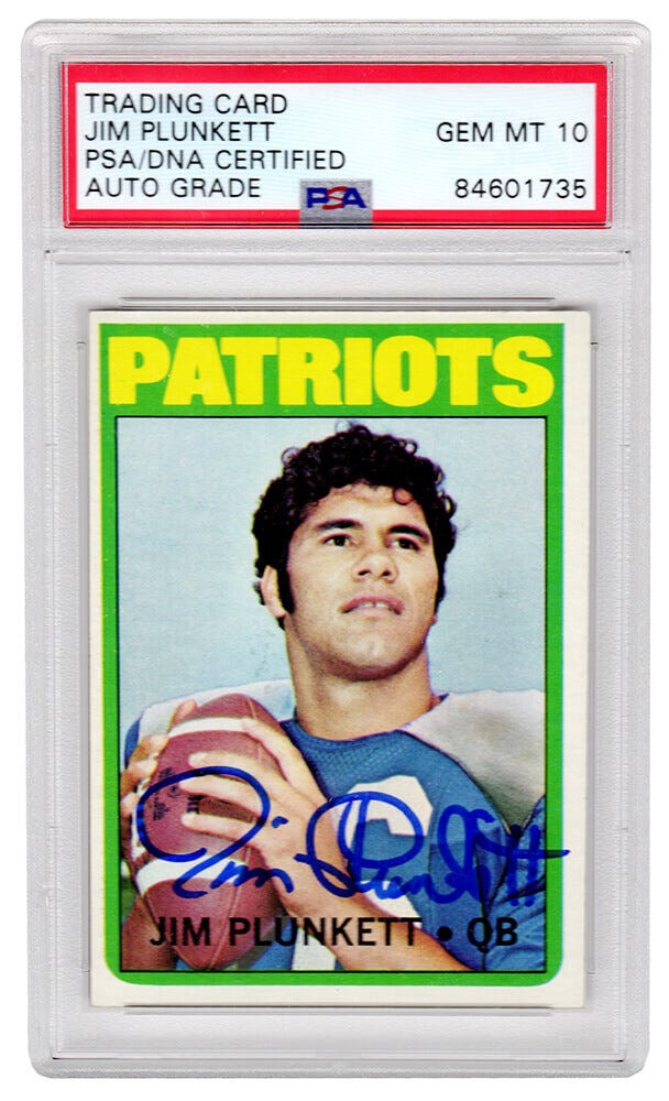 1972 Topps Jim Plunkett card.
