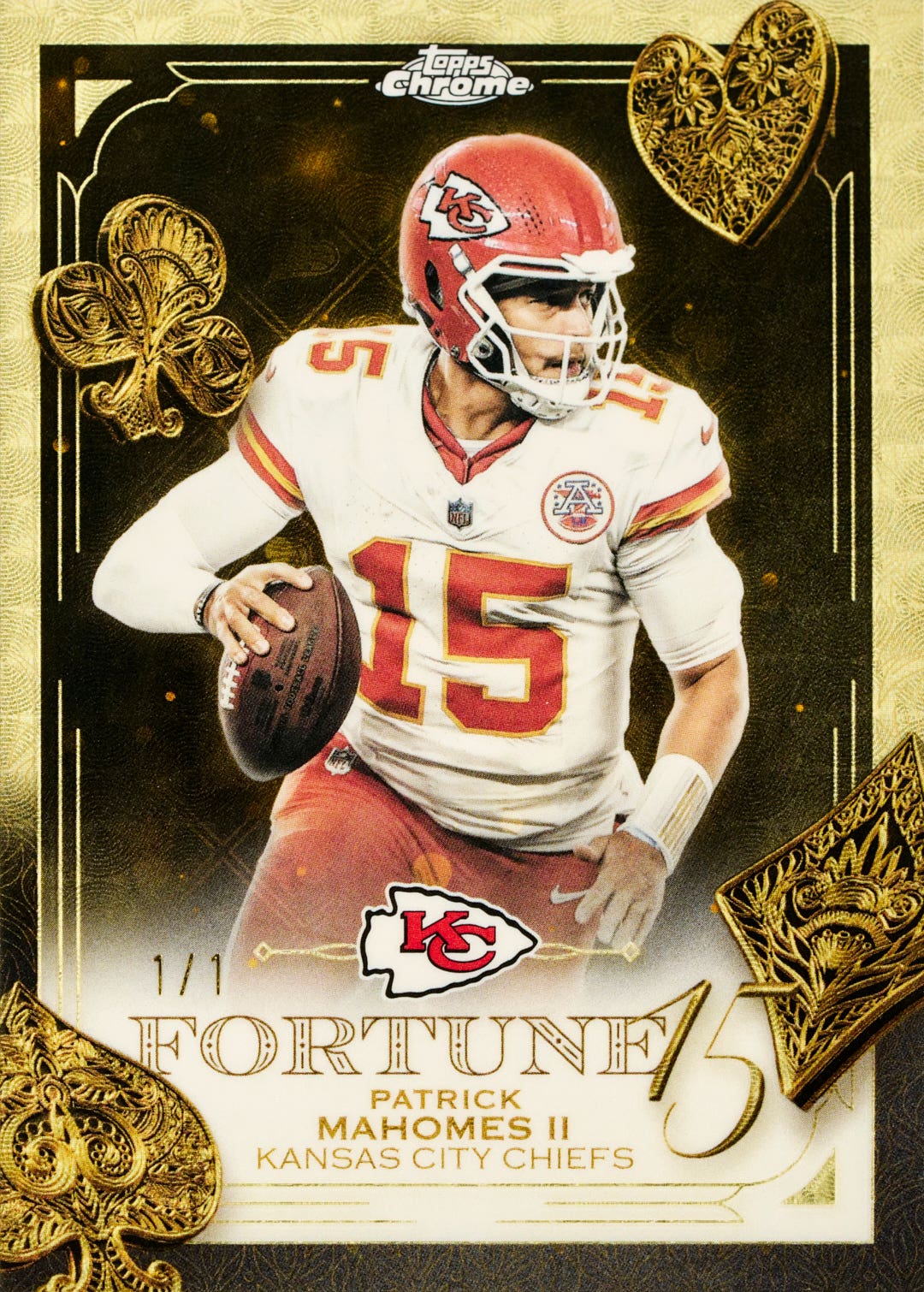 2025 Topps Chrome Football Patrick Mahomes Fortune 15 card.